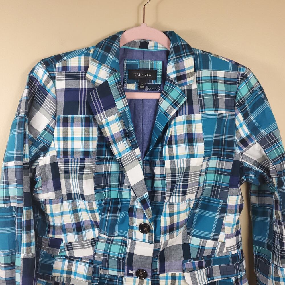 Talbots Blue Plaid Patchwork Button Front Blazer … - image 3